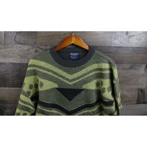 Vintage Barnaby Sweater Mens Large Yellow Gray Knit Crewneck Leather Trim 90s
